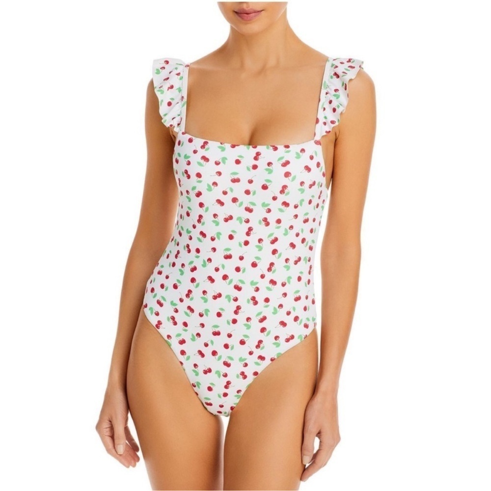 NEW Aqua Swim White/Red/Green Maillot Square Neck Ruffled One-Piece Swimsuit S